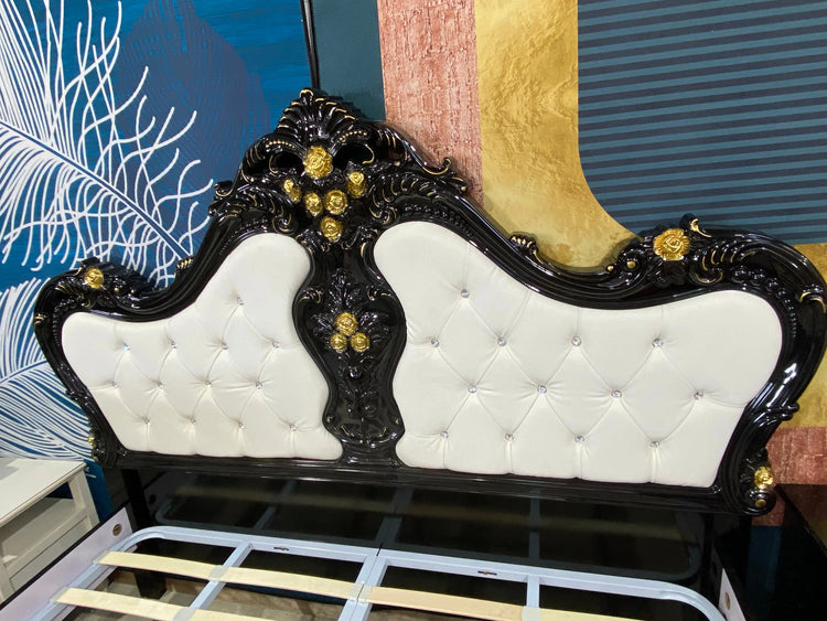 3058 Luxury Royal Black Frame White Nappa Leather Upholstered Gold lining Bedroom Set - Super Outlets