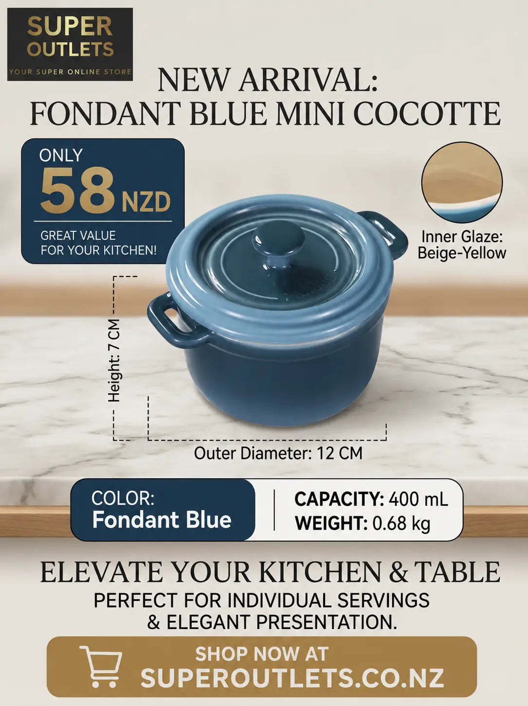 12cm Mini Cast Iron Cocotte with Lid – Fondant Blue, 400ml Super Outlets