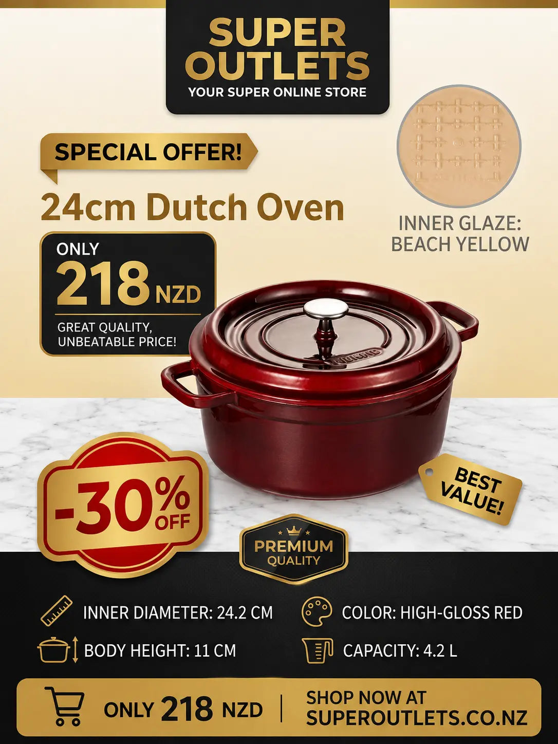 24cm Cast Iron Dutch Oven | 4.2L Enamel Casserole Pot Super Outlets