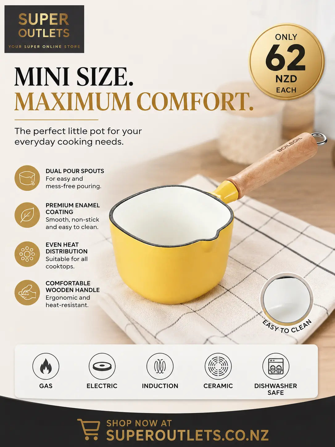 Mini Enamel Saucepan with Wooden Handle and Dual Pour Spouts – Yellow Super Outlets