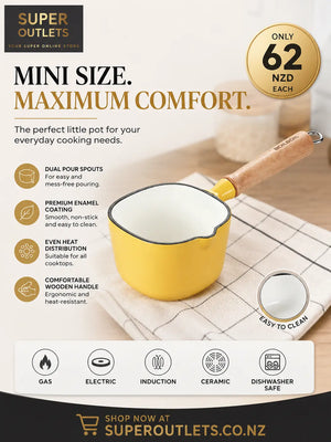 Mini Enamel Saucepan with Wooden Handle and Dual Pour Spouts – Yellow Super Outlets