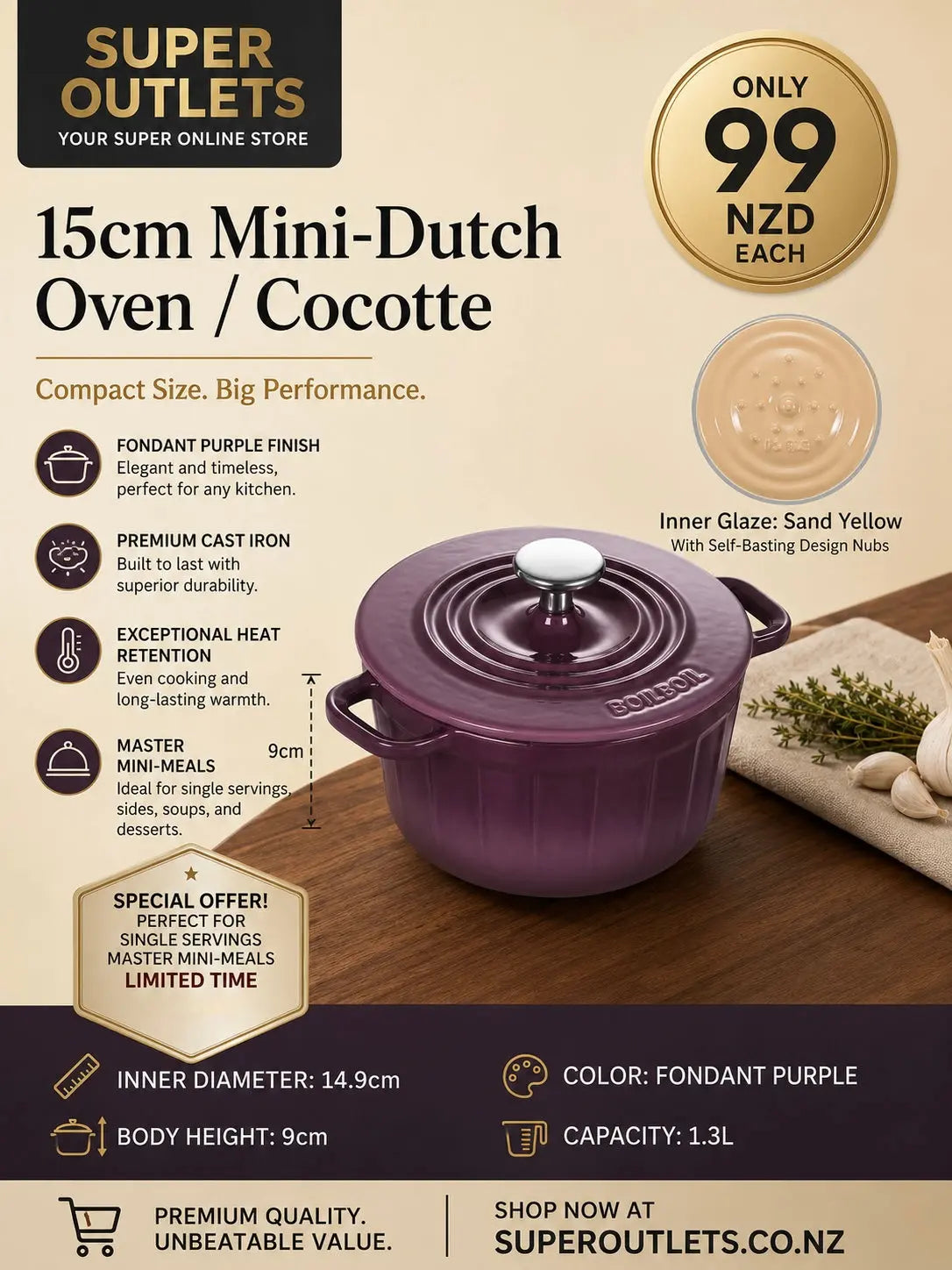 15cm Cast Iron Dutch Oven 1.3L – Mini Enamel Cocotte Pot (Purple) Super Outlets
