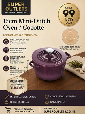 15cm Cast Iron Dutch Oven 1.3L – Mini Enamel Cocotte Pot (Purple) Super Outlets