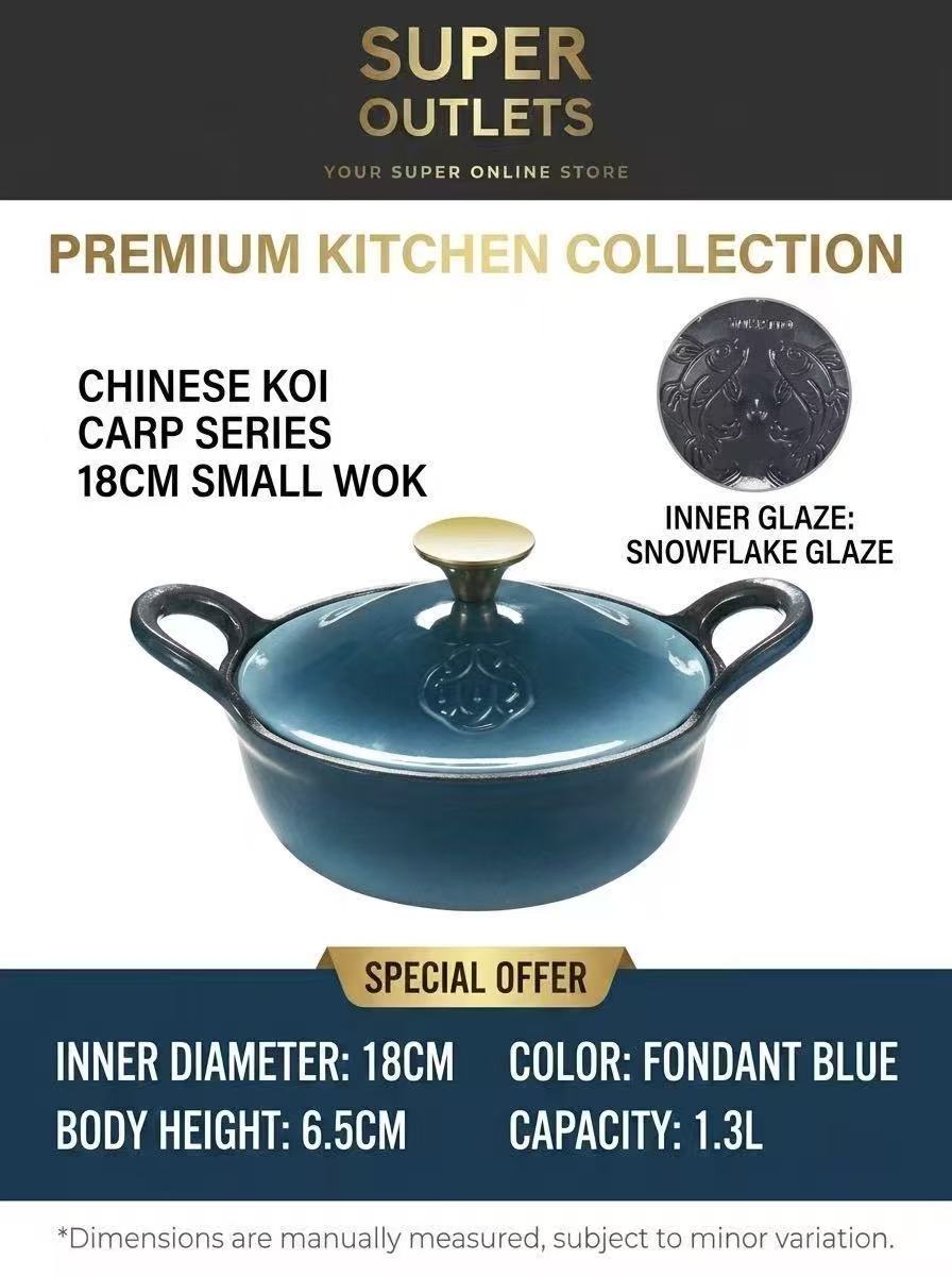 18cm Chinese Koi Carp Enameled Cast Iron Small Wok – 1.3L Super Outlets