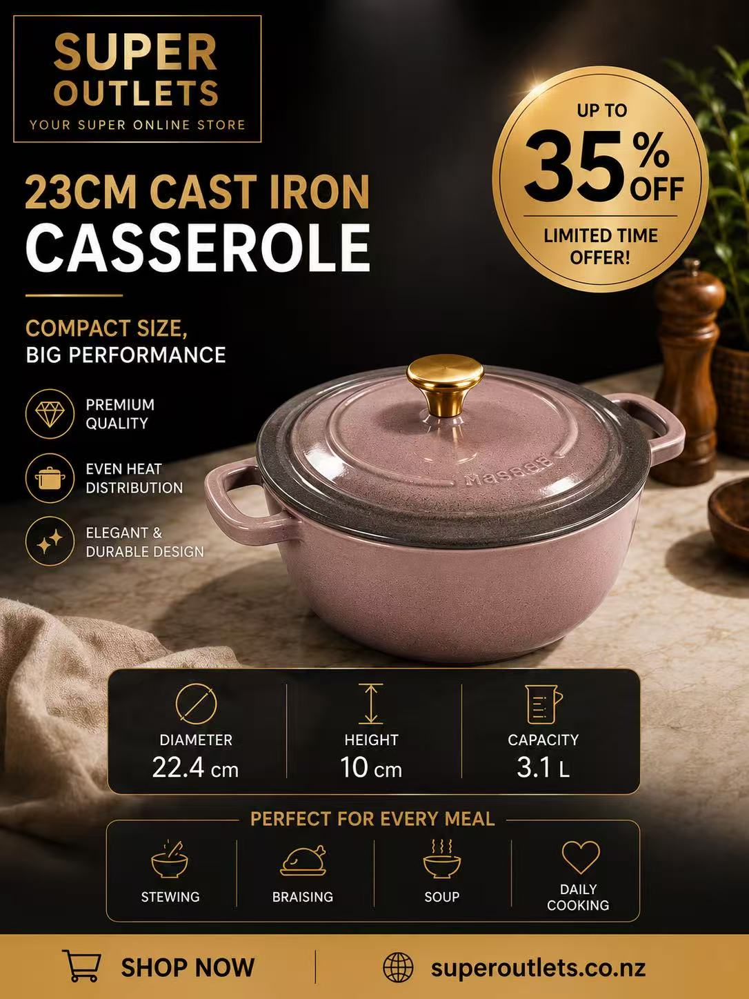23cm 3.1L Enameled Cast Iron Casserole Pot – Dusty Pink Super Outlets