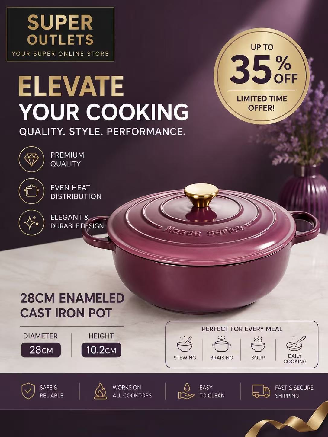 28cm Enameled Cast Iron Dutch Oven | Premium Casserole Pot Super Outlets