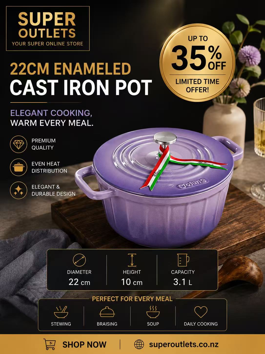 22cm 3.1L Enameled Cast Iron Dutch Oven – Lavender Purple Super Outlets