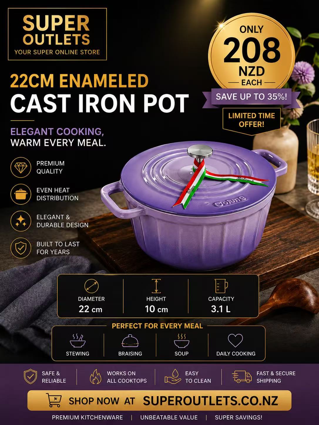 22cm 3.1L Enameled Cast Iron Dutch Oven – Lavender Purple Super Outlets