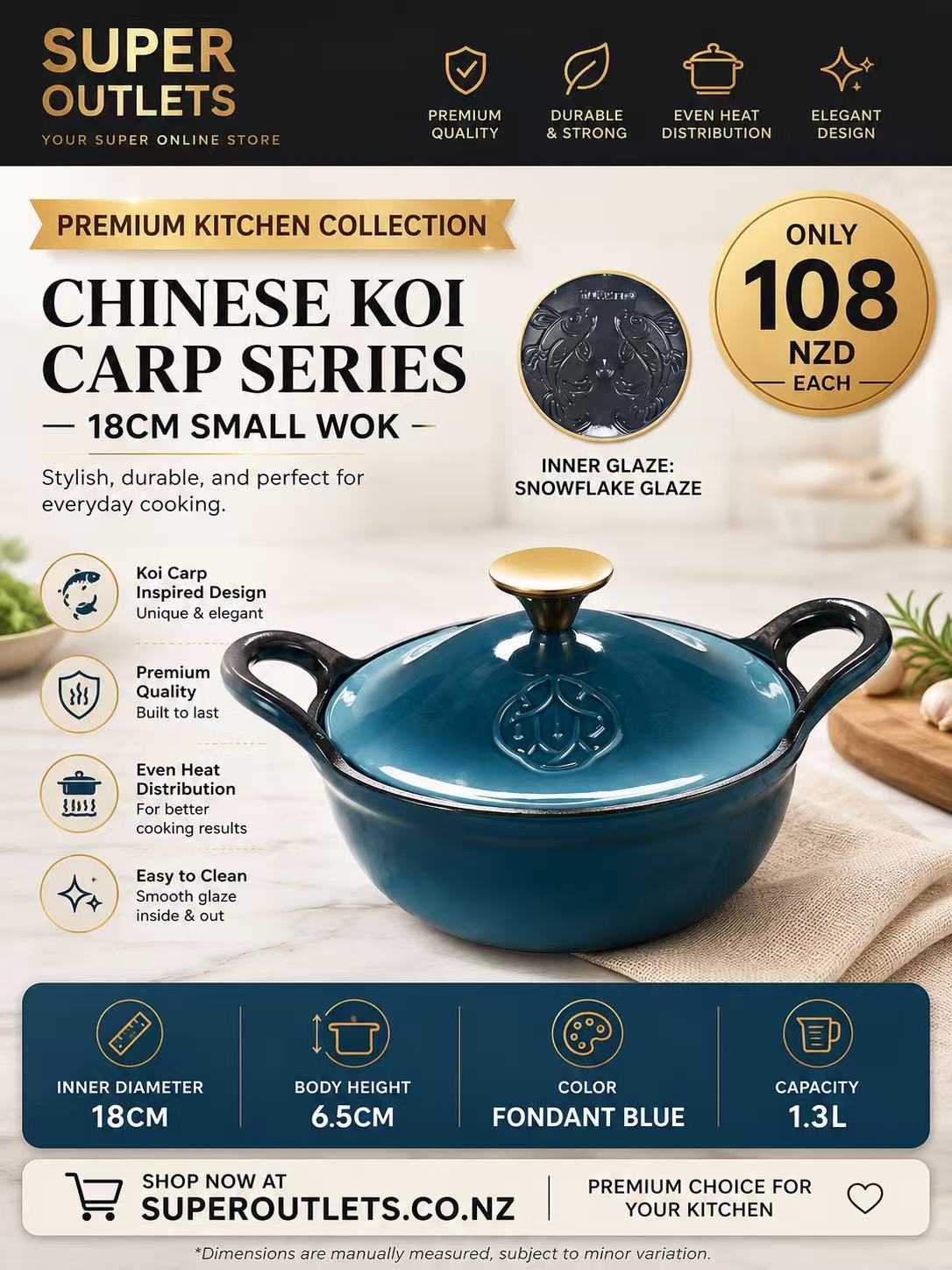 18cm Chinese Koi Carp Enameled Cast Iron Small Wok – 1.3L Super Outlets
