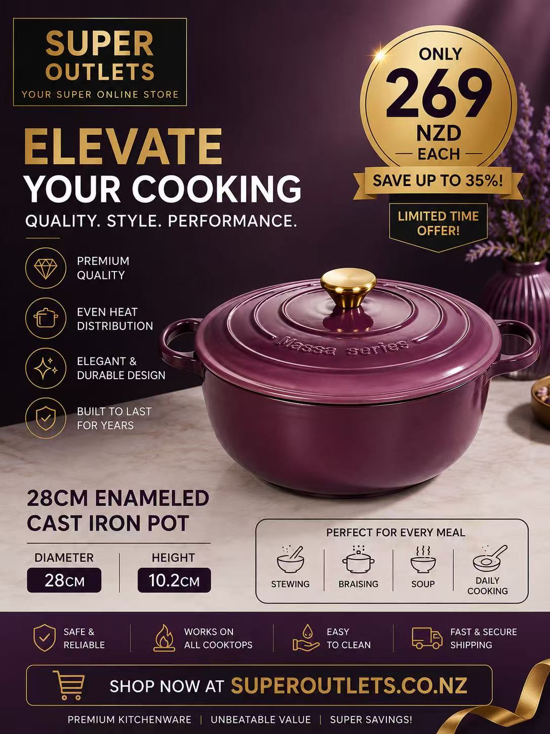 28cm Enameled Cast Iron Dutch Oven | Premium Casserole Pot Super Outlets