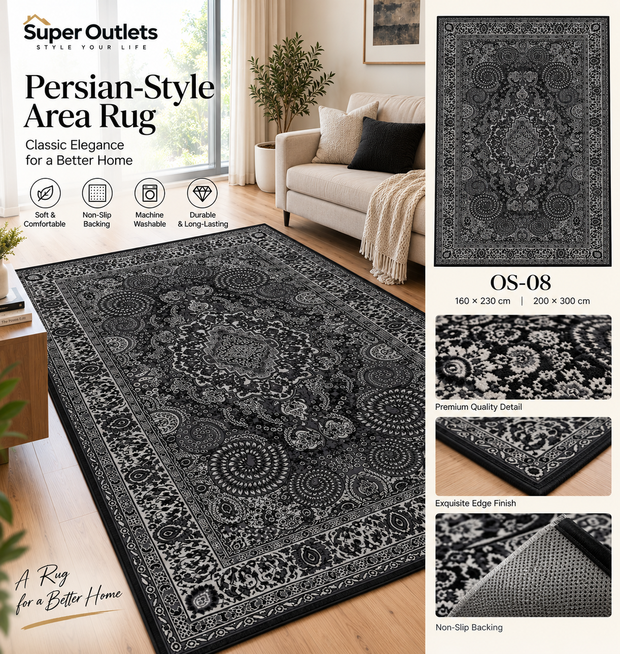 OS 08 Persian-Style Non-Slip Area Rug The Carpet Maker