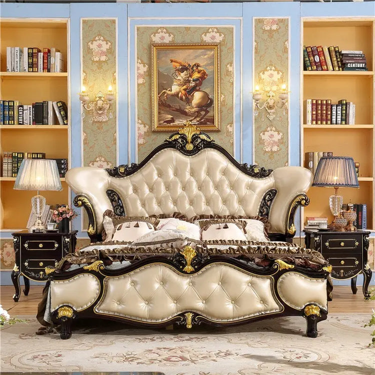 3098 French Prince Champagne Nappa Leather with Black & Gold Frame Bedroom Set Heyday furniture