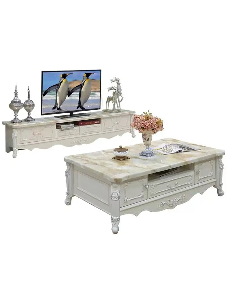 910 - Classic Antique Style Mable Top Coffee Table & TV unit Lounge entertainment set - Super Outlets