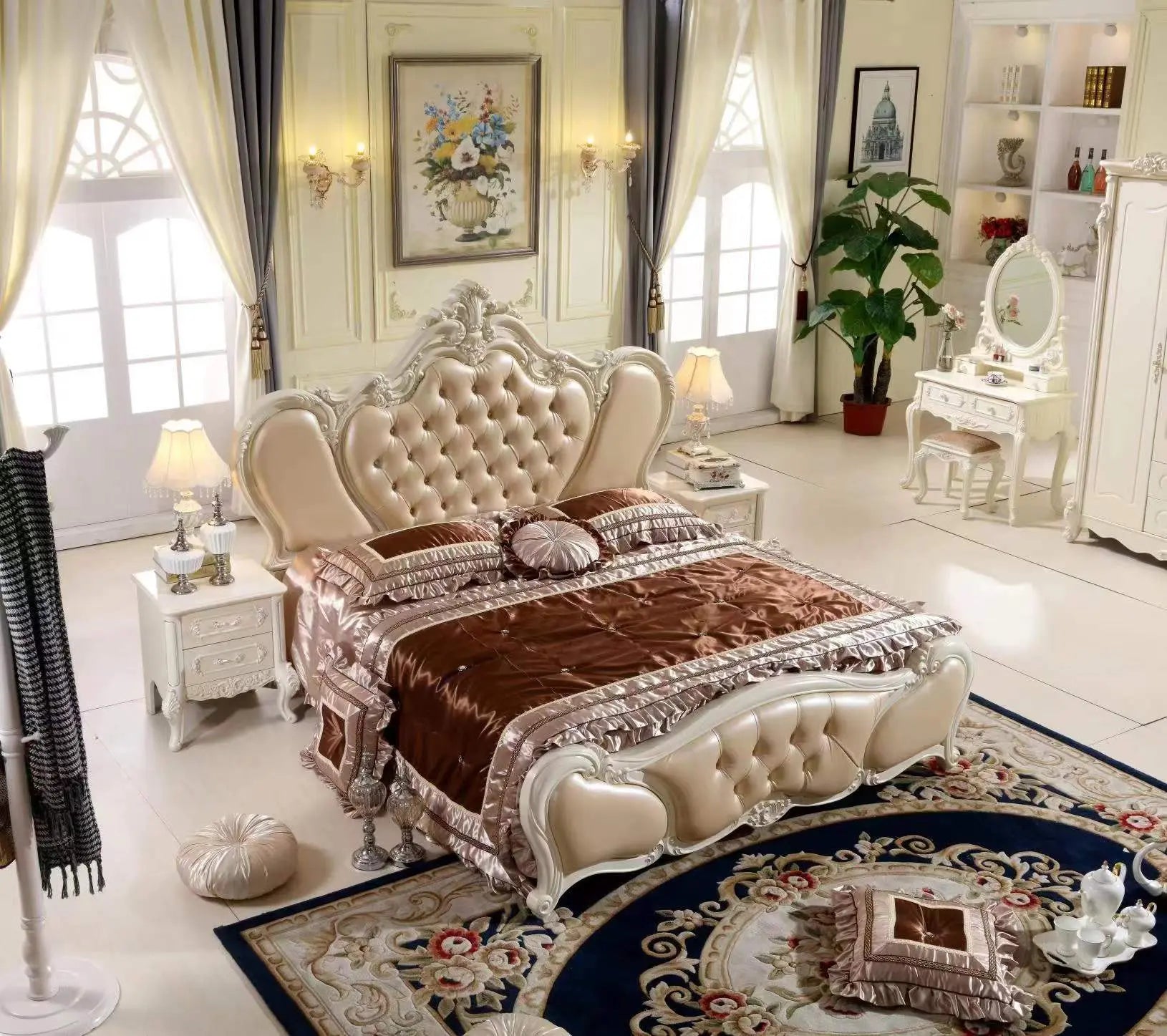 3038 French Vintage Champagne Nappa Leather with Cream Frame Bedroom Set