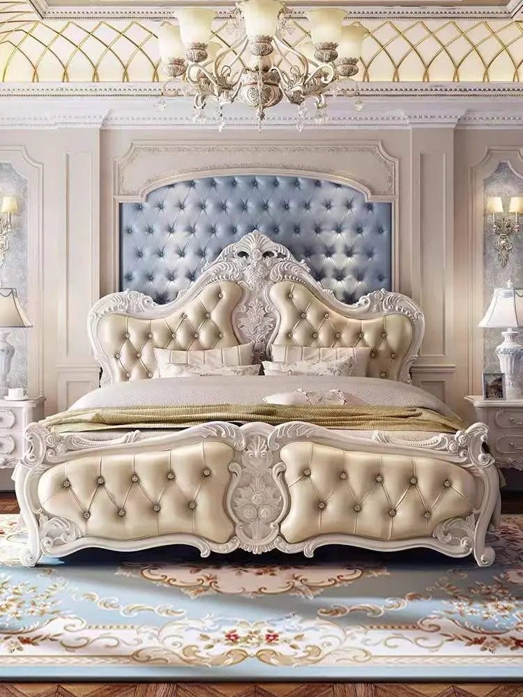 3058 Luxury Royal Cream Frame Champagne Nappa Leather Upholstered Bedroom Set - Super Outlets