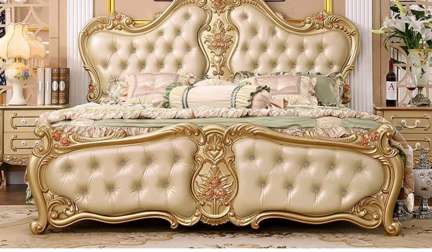 3058 Luxury Royal Gold Frame Champagne Nappa Leather Upholstered Bedro